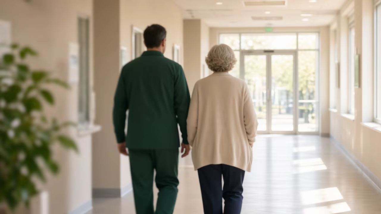 Crew member walking with a patient in a hospital corridor, seen from behind