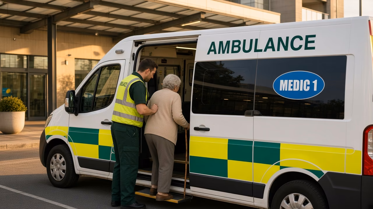 Medic 1 crew member helping an older woman into a Medic 1 ambulance at a hospital entrance